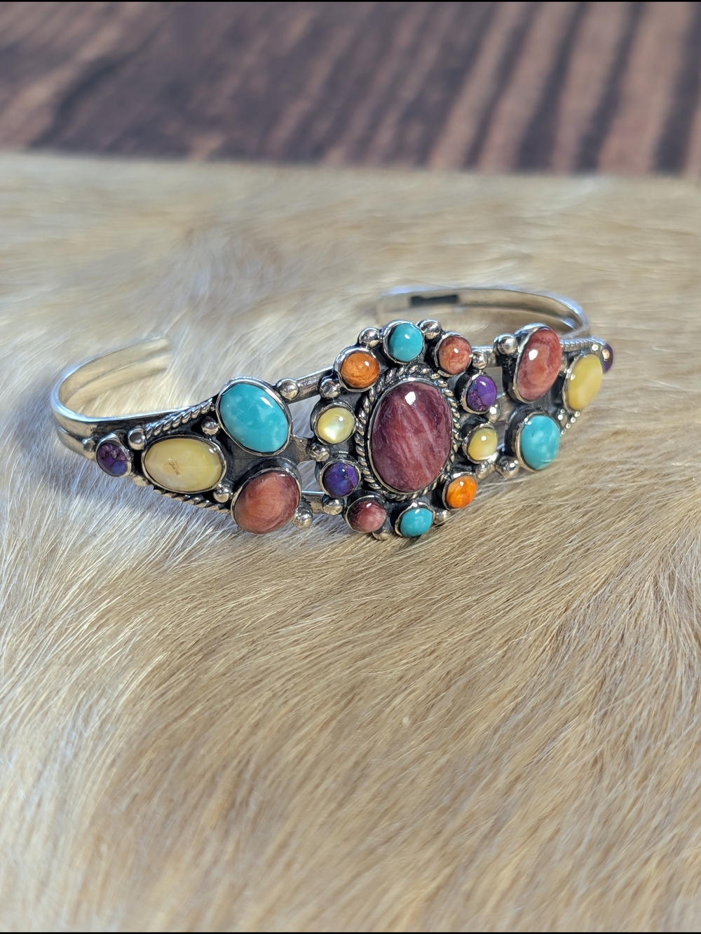 Multicolor Stone Cluster Sterling Silver Statement Handcuff Bracelet